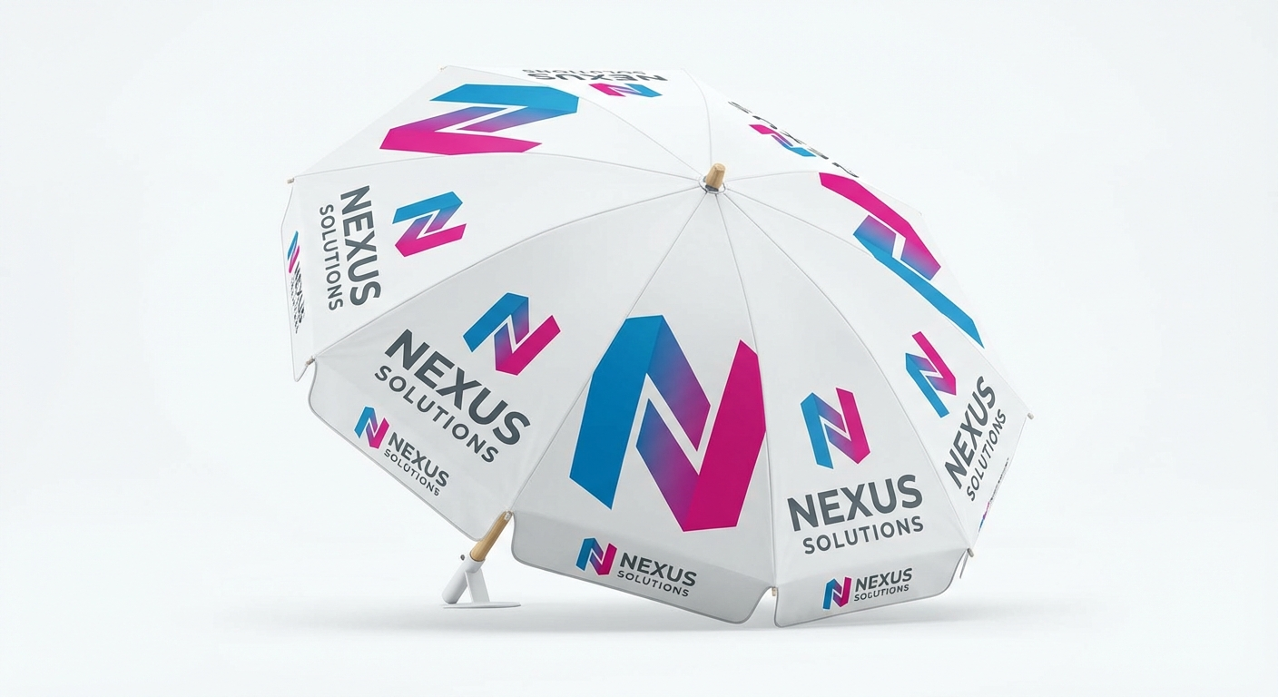 Parasoll med logo for restaurant og utendørs event