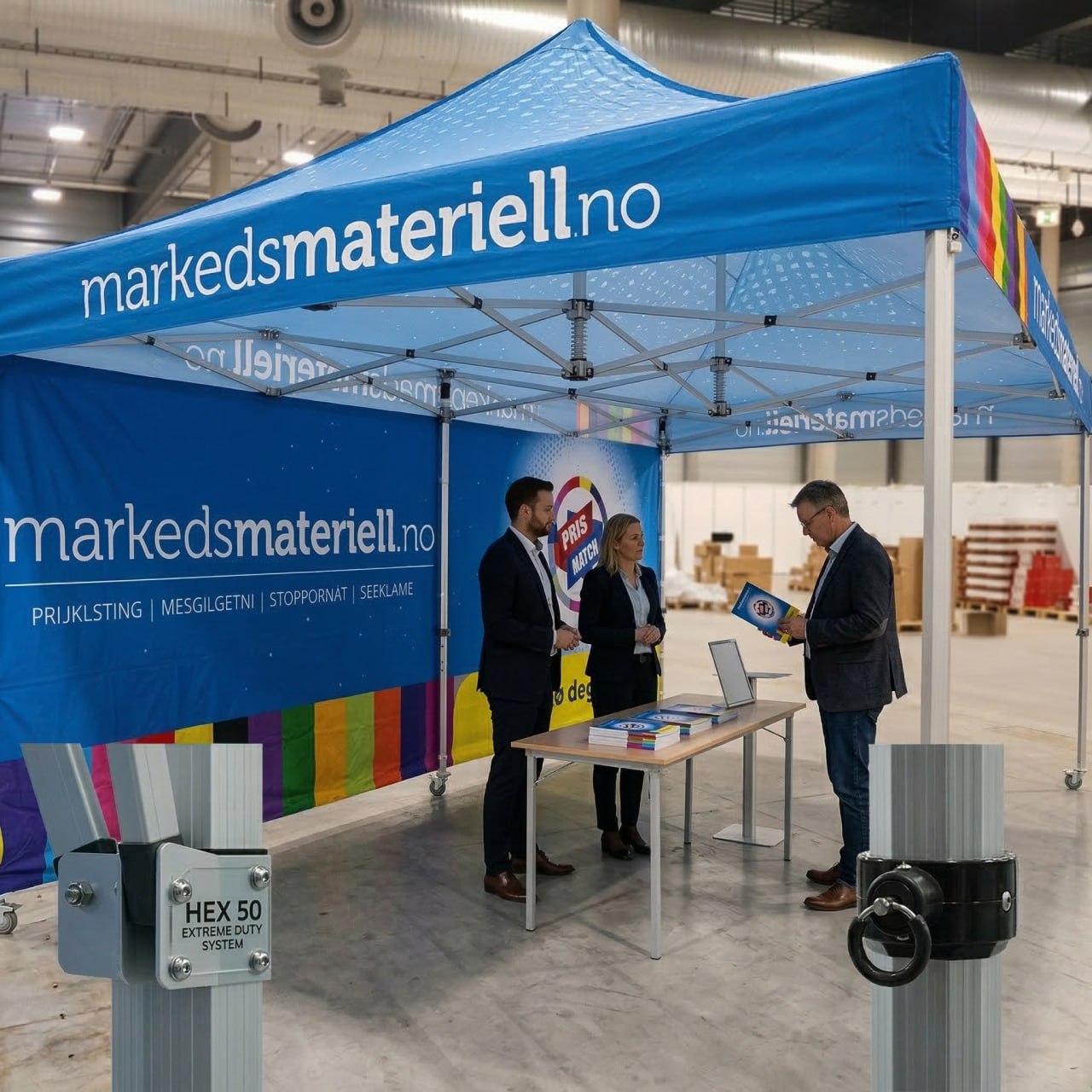 Easy-up messetelt i bruk på messe – Markedsmateriell.no