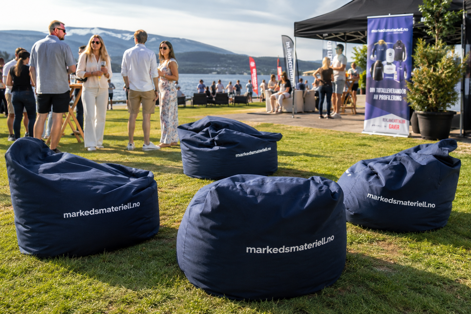 Sakkosekk med trykk fra Markedsmateriell.no — reklamemøbler 2026